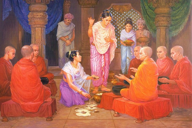 布施佛陀而当生得到成为王后的机缘，后来成为僧团的著名施主之一