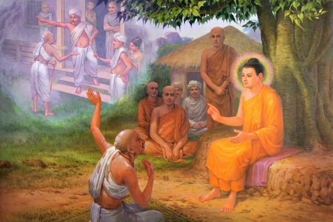 佛陀教他一首偈，让他等孩子们都在众人中时，当众背诵